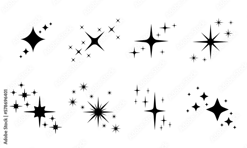Naklejka premium Set of star characters. Collection of pictures of twinkling stars. Star sparkles, shine. Christmas vector symbols isolated. Vector illustration set.
