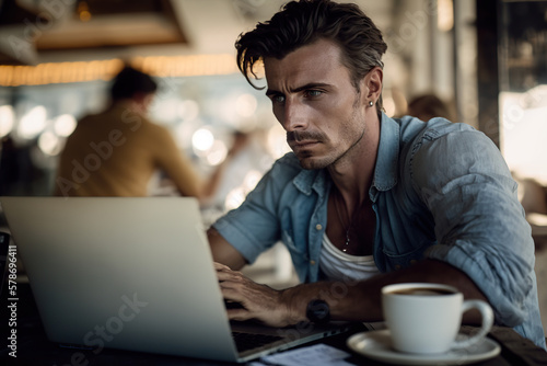 Young man working in coffee bar. Generative AI illustration.