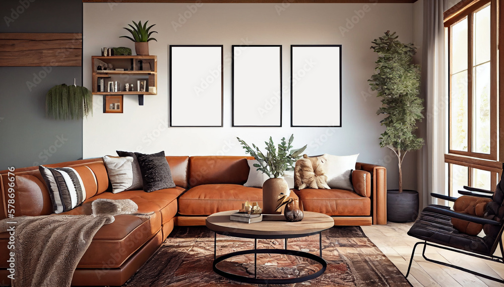 Interior design of a sophisticated and cozy living room with a brown ...