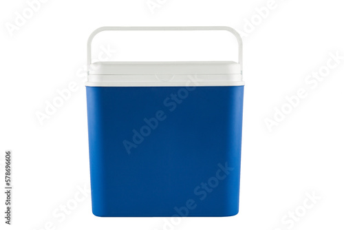 Closed blue plastic cooler isolated on white background