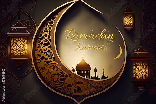 Ramadan Kareem greeting card, moslem, with moon and lantern, design, generated with AI tools