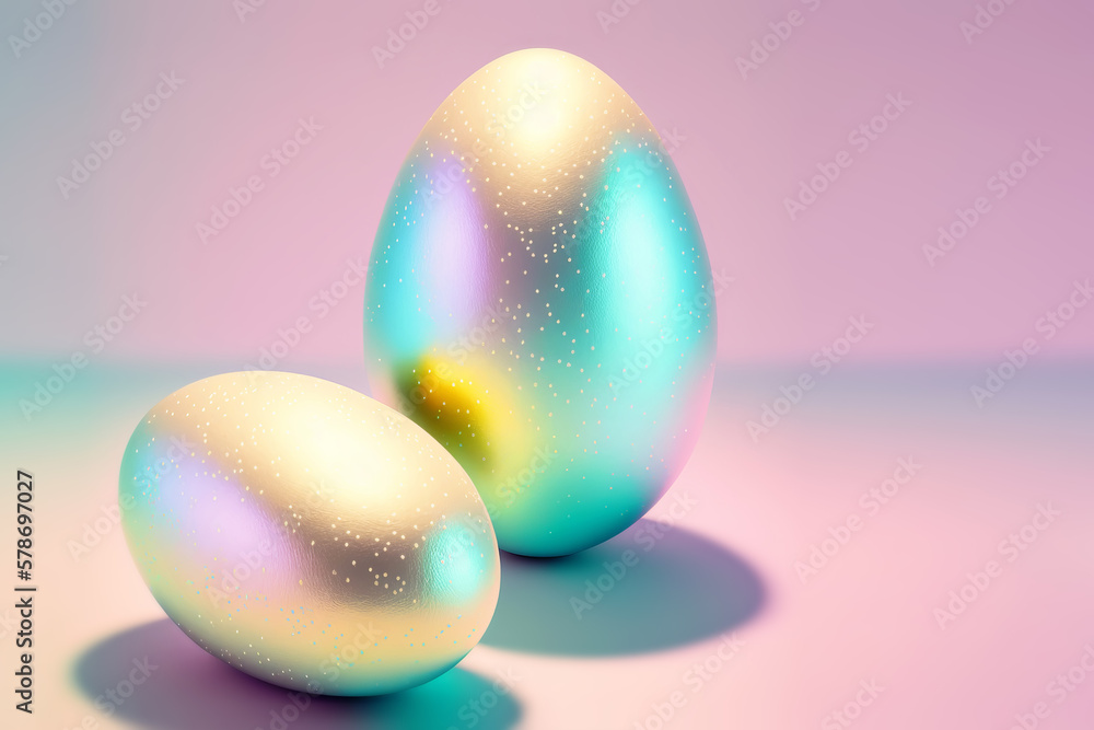 Opalescent painted eggs on a gradient background. Easter minimal composition. Generative AI illustration