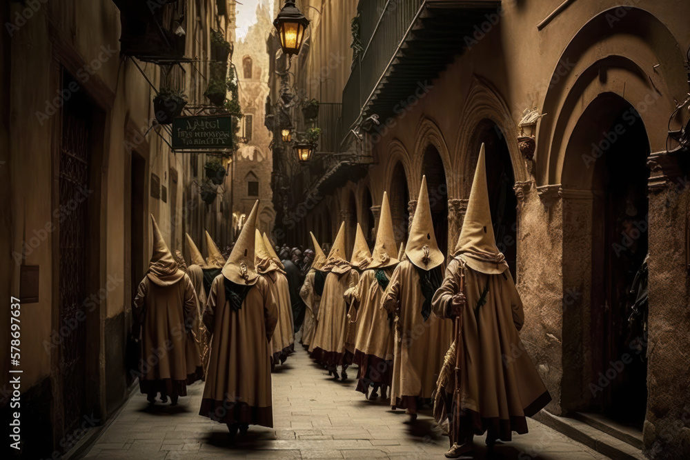 Naklejka premium procession with penitents with masks in easter celebration in spain. generative ai