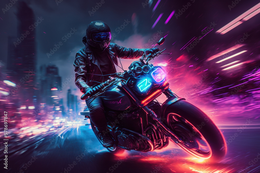 motorcycle rider on city at night with neon lights. generative ai