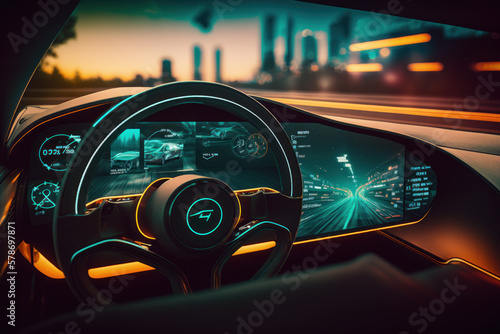 interior of futuristic autonomous car and dashboard display with many screens. generative ai