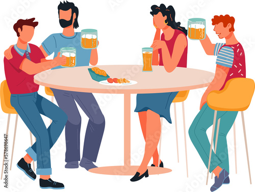 Group of friends drinking alcohol and talking in cafe or bar. Clients drink beer and alcohol drinks in bar or pub.