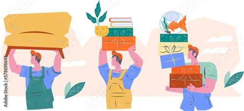Loaders or porters characters, workers of delivery and cargo transportation service. Delivery movers or moving company loaders with furniture.