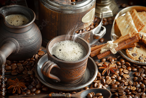 Espresso coffee with coffee beans on old background.