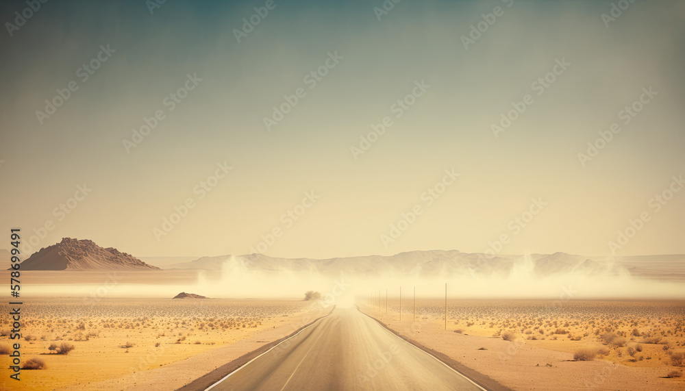 route rectiligne infini dans un désert aride et sableux, ciel dégagé
