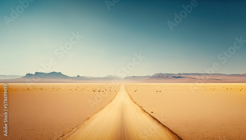 route rectiligne infini dans un décor de désert aride et sableux, ciel dégagé