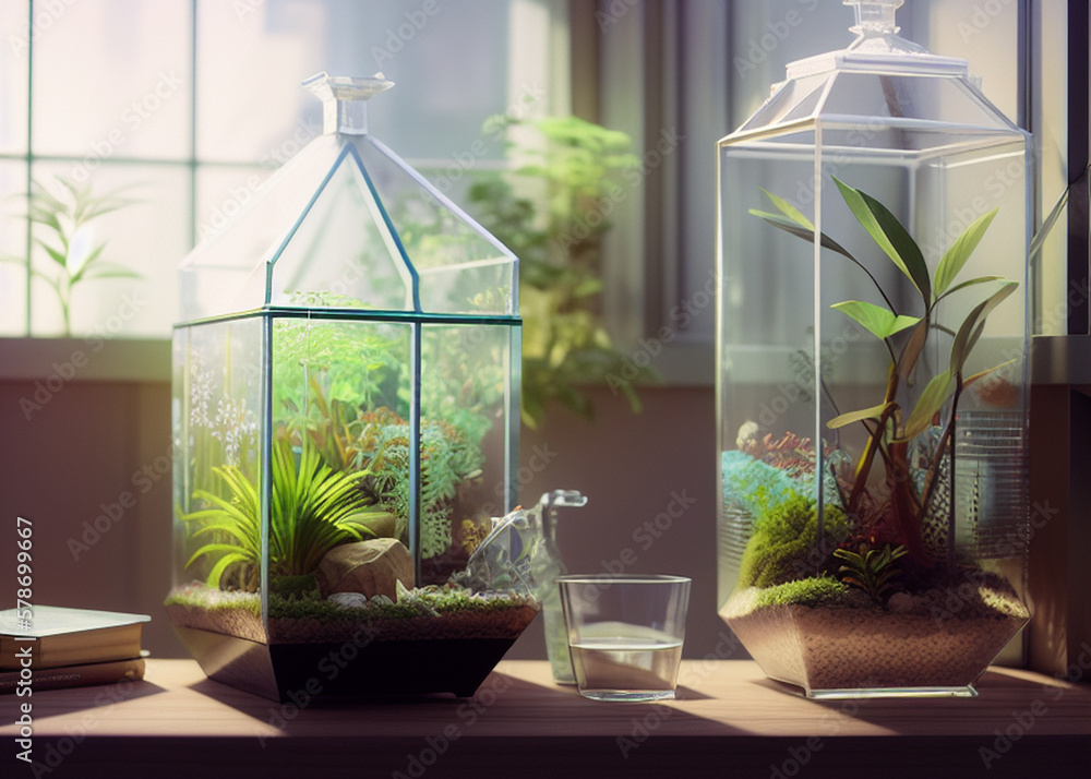 a couple of glass vases sitting on top of a window sill, moss terrarium ...