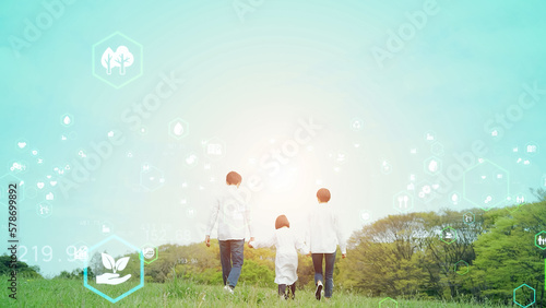 草原を歩く家族と環境イメージ
