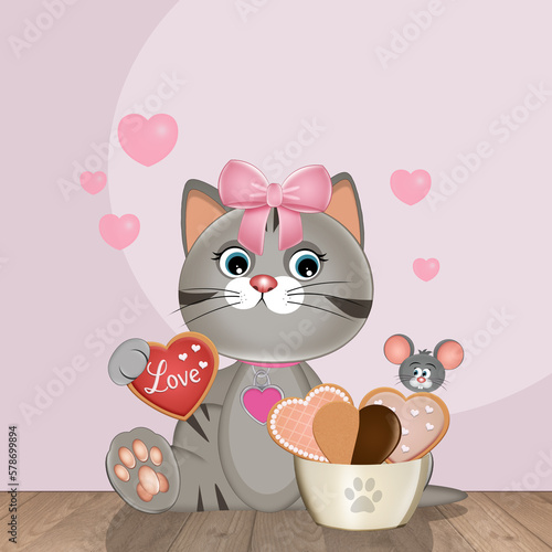 illustration of cat with heart shaped cookies
