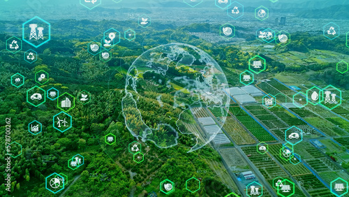 Green forest aerial view and environmental technology concept. Green tech. Ecology. Green transformation. GX. SDGs. photo