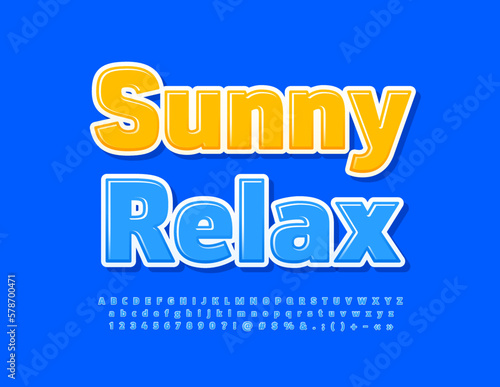 Vector bright Emblem Sunny Relax. Modern Blue Font. Creative glossy Alphabet Letters, Numbers and Symbols set