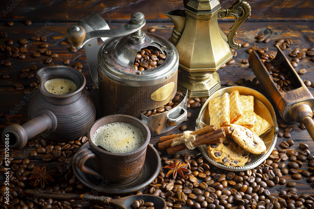 Espresso coffee with coffee beans on old background. Espresso coffee with coffee beans on old background.