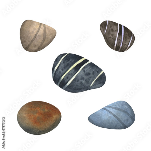 A set of colorful sea stones. Hand-painted in watercolor, isolated on a white background.