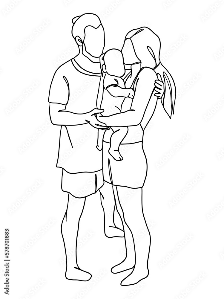 Continuous one line drawing of father with baby. Continuous one line drawing of father with baby.