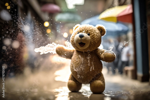 Teddy bear doll enjoying and playing water at Songkran festival in Thailand, Thailand Water Splashing Festival at pattaya walking street, generated by Ai photo