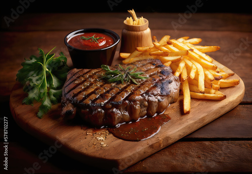 Delicious grilled gourmet perfect Steak sided by French fries and bbq sauce,. Generative AI photo