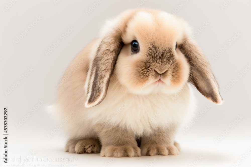 Baby holland lop rabbit, white and adorable, standing in front of a white background. Cute little rabbit doing something. Generative AI Baby holland lop rabbit, white and adorable, standing in front of a white background. Cute little rabbit doing something. Generative AI
