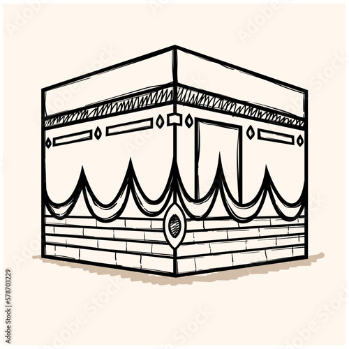 Hand drawing Kaaba of Mecca, Isolated on white background. Black and White simple line Vector Illustration for Coloring Book