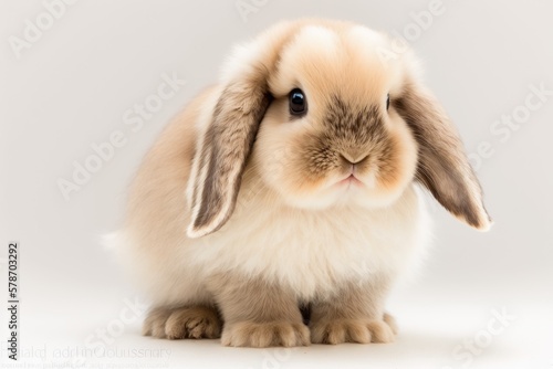 Baby holland lop rabbit, white and adorable, standing in front of a white background. Cute little rabbit doing something. Generative AI