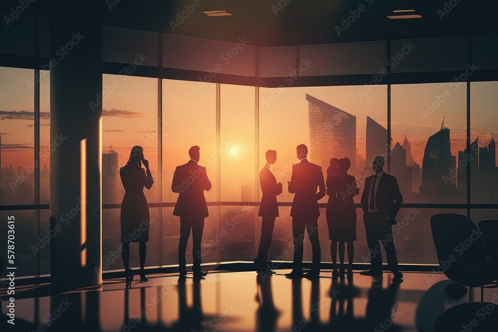 Silhouette of business team at office in the sunset made with generative ai Silhouette of business team at office in the sunset made with generative ai