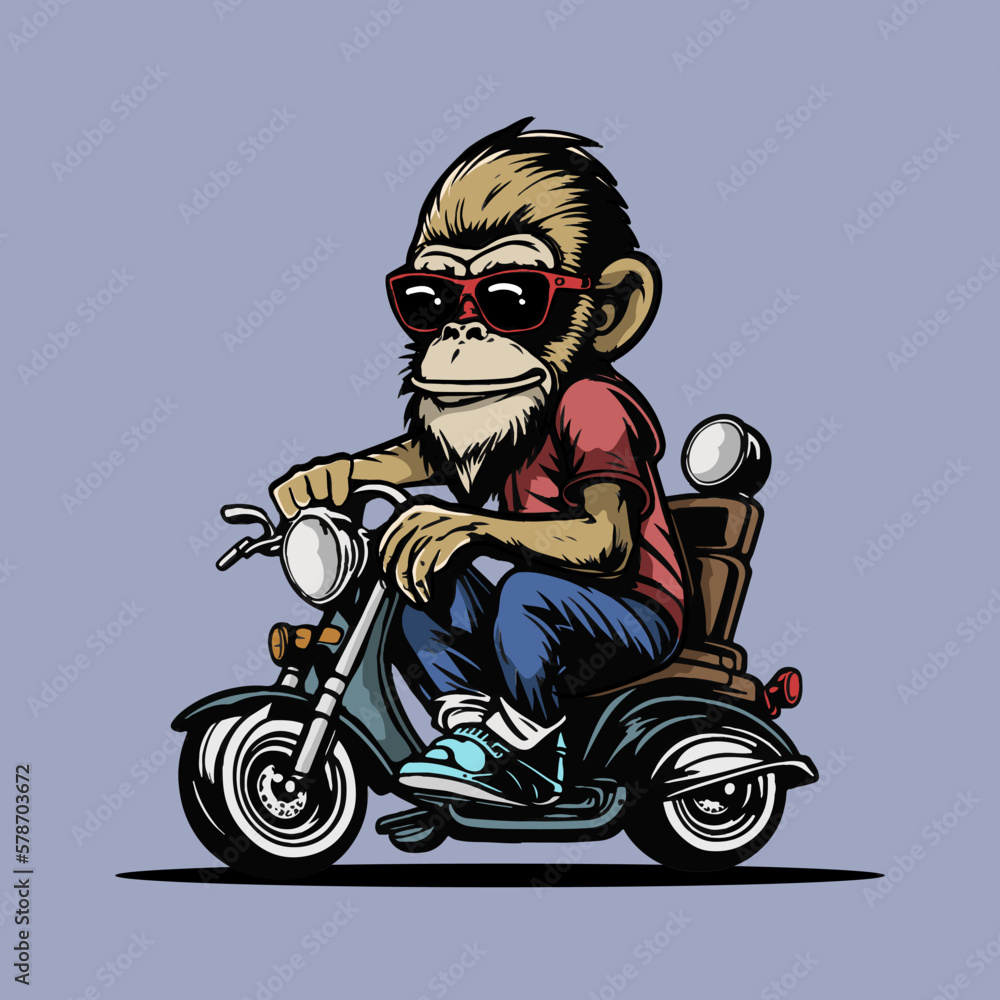 Obraz premium Amazing Ape Monkey Chimp Riding And Driving Motorcycle Illustration Vector Artwork