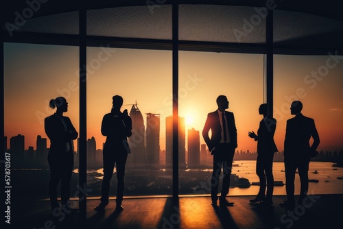 Silhouette of business team at office in the sunset made with generative ai