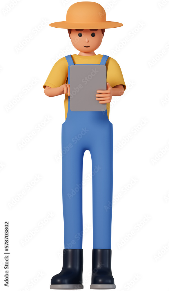 Farmer in overalls using tablet front view 3d illustration