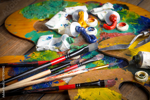 Paints and brushes for drawing. Artistic creativity.