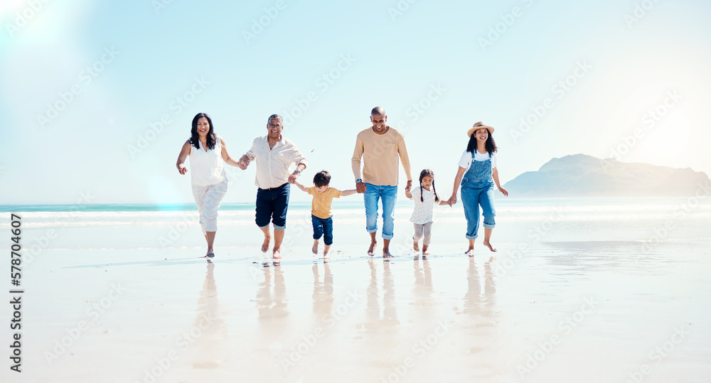 Beach, walking and mockup with a black family holding hands outdoor in nature by the ocean at sunset together. Nature, love or kids with grandparents, parents and children taking a walk on the coast