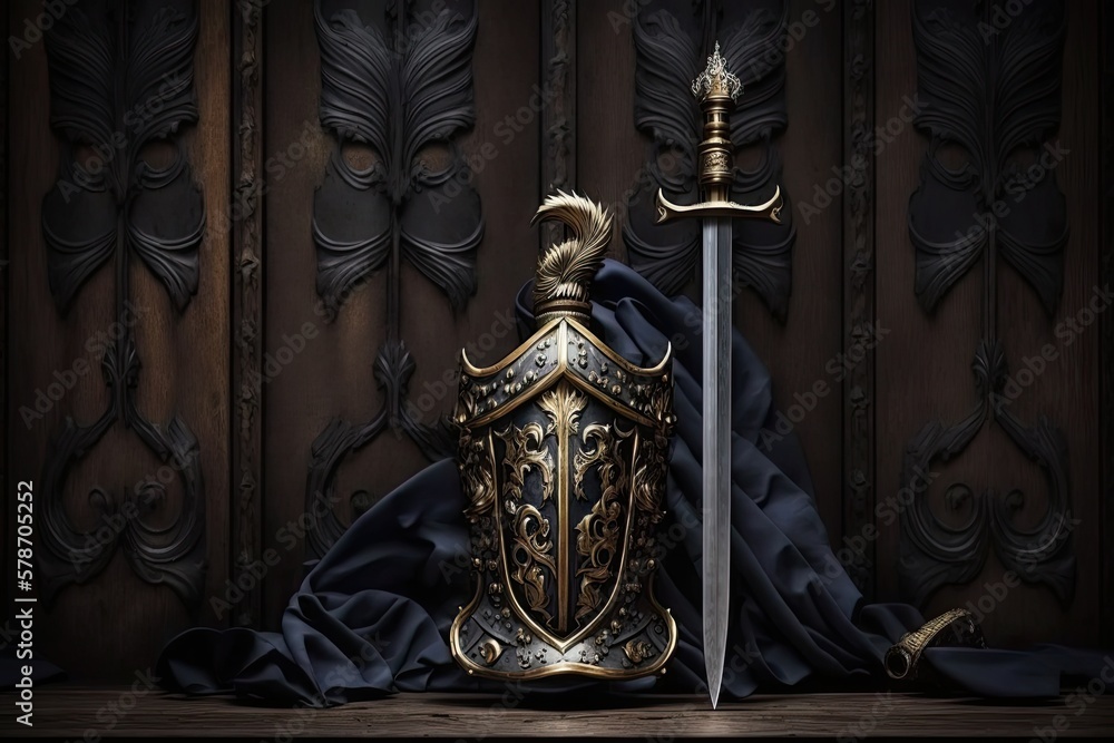 Conceptual backdrop of the Middle Ages, with room for copy. On a pitch black wooden background, a shining sword, a golden crown, and protective gloves stand out. Generative AI