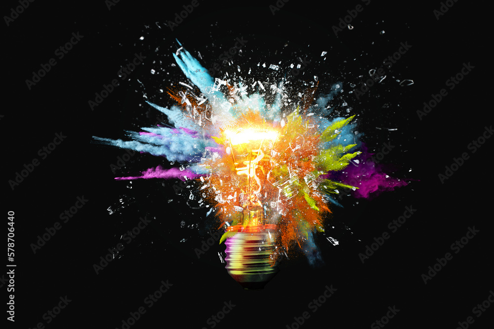 custom made wallpaper toronto digitalCreative light bulb explodes with colorful paint splashes and shards of glass on a black background. Think differently creative idea concept. Dry paint splatter. Brainstorm and think