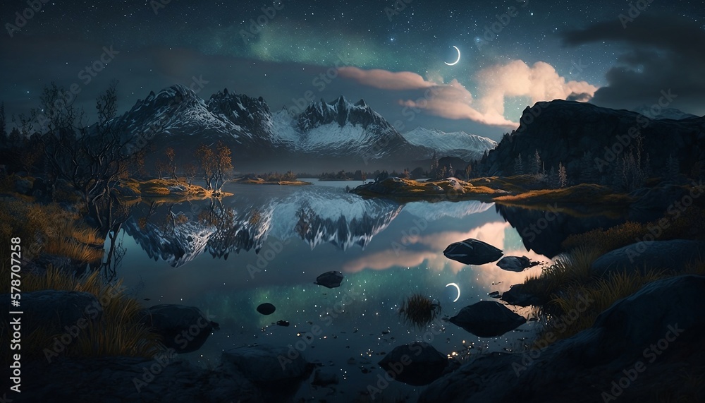 beautiful landscape, lake, starry night, northern lights