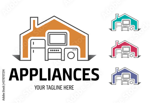 Modern minimalist home appliance store logo. Refrigerator stove and washing machine icon.