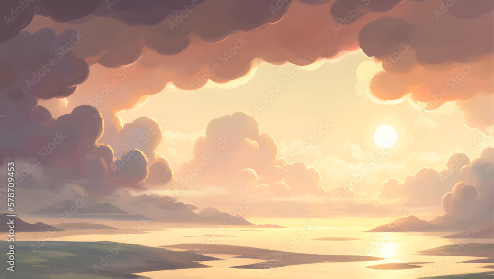 Vast Nature Landscape of Mountains and Sea with Cloudy Sky Hand Drawn Painting Illustration Vast Nature Landscape of Mountains and Sea with Cloudy Sky Hand Drawn Painting Illustration