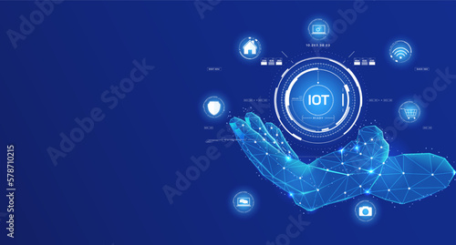 Abstract low poly hand turn the palm up with IoT device icons concept. Digital internet of thing technology vector. Smartphone application on hud circle concept.
