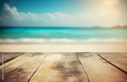 Abstract empty wooden desk tabletop with copy space over summer sand beach blurred background, display for product montage, Generative Ai