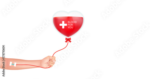 Hand holding saline bag in heart shape red isolated on white background with copy space for text. Give blood save life. Medical concept, World blood donor day June 14. 3D Vector EPS10 illustration.