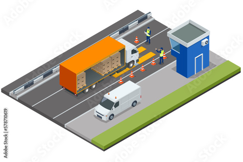 Isometric Container car on the weighing scale Cargo transport, Truck trailer with container. Loaded trailer truck on weighbridge. Weighing control platform.