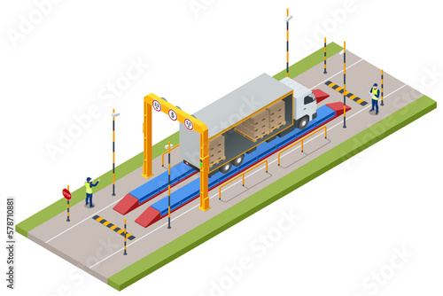 Isometric Container car on the weighing scale Cargo transport, Truck trailer with container. Loaded trailer truck on weighbridge. Weighing control platform.