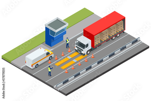 Isometric Container car on the weighing scale Cargo transport, Truck trailer with container. Loaded trailer truck on weighbridge. Weighing control platform.