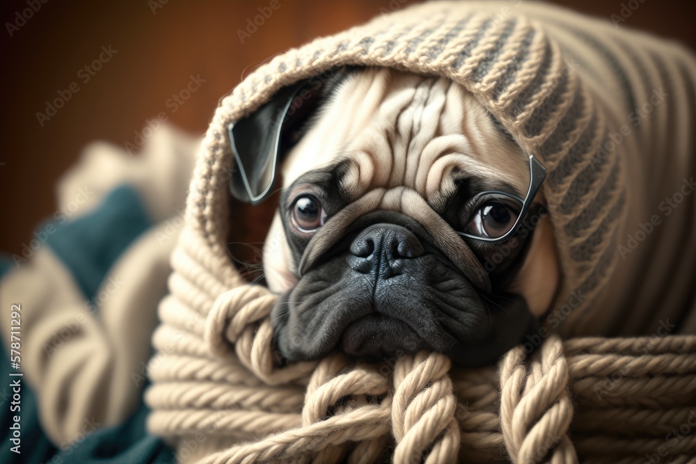 Adorable pug snuggles up to his sweater at home for cold weather. Seasonal heating as a concept. Generative AI