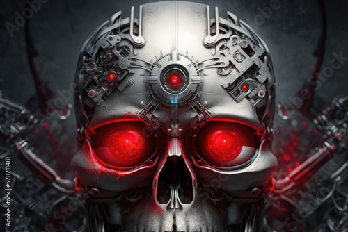 Cybernetic technology represented by red artificial eyes and a metallic robot skull. Generative AI © 2rogan