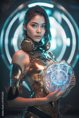 sci fi hero woman wearing onyx armor, Generative AI