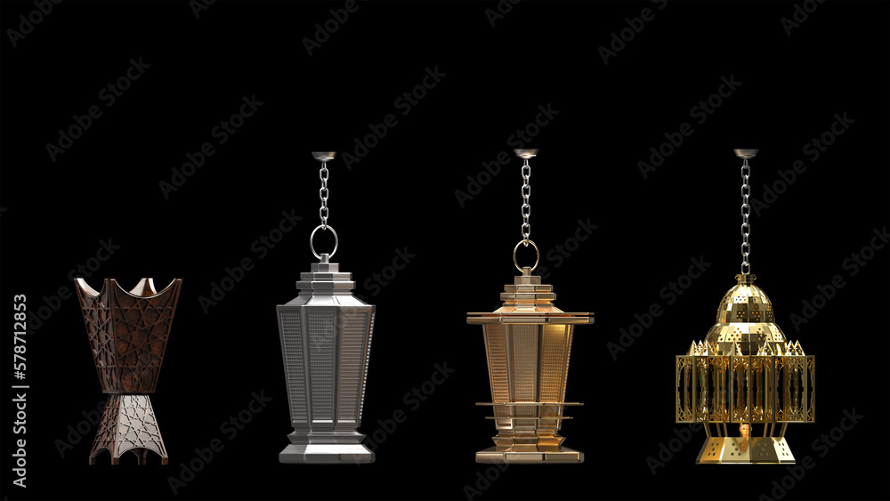 Naklejka premium Arabic accessories Golden Ramadan Lanterns with alpha channel included. 3D illustration