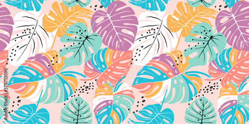 Hand drawn Monstera leaves seamless patterns for fabric, textiles, clothing, wrapping paper, cover, banner, interior decor, retro abstract backgrounds. 