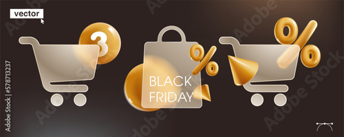 Glassmorphism style transparent shopping cart, package with golden percent sign. Transparent glass with blur effect.